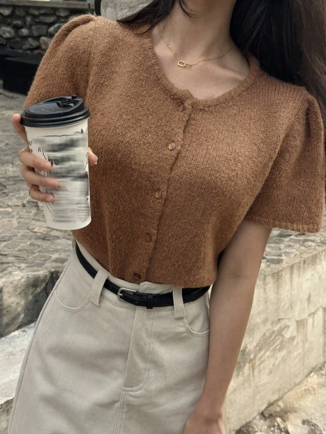 DAZY Women Short Crew Neck Cardigan With Puffed Sleeves