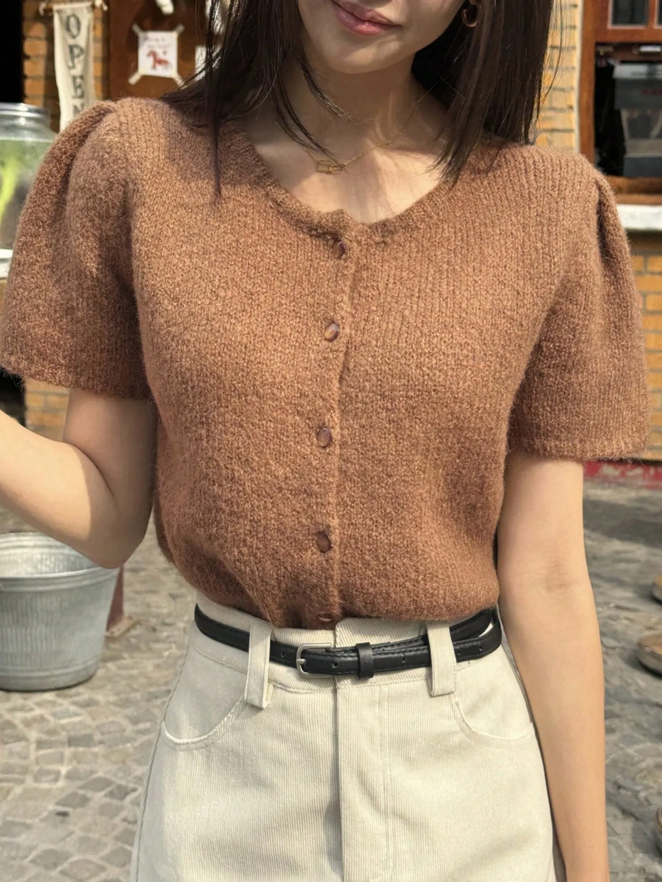 DAZY Women Short Crew Neck Cardigan With Puffed Sleeves