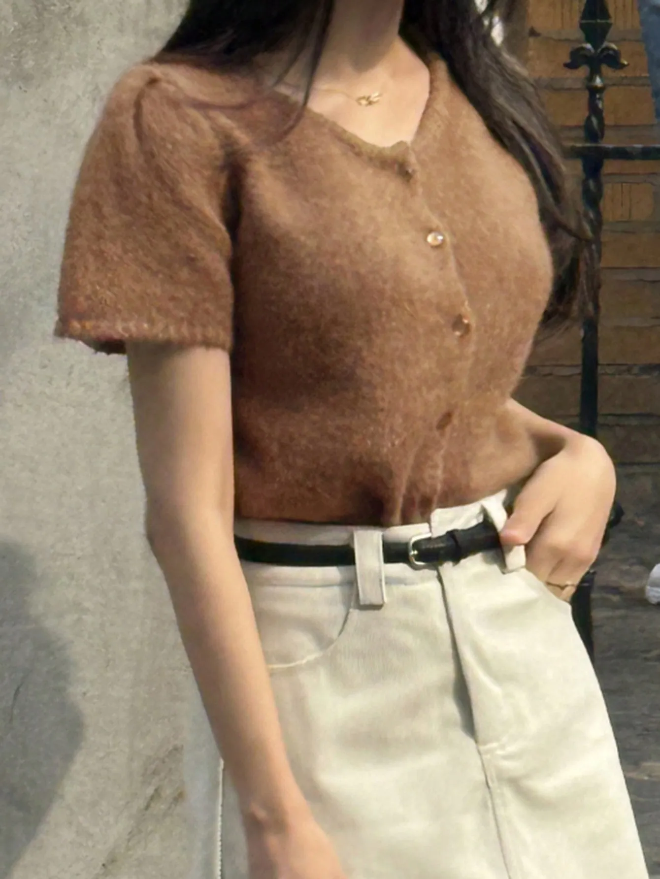 DAZY Women Short Crew Neck Cardigan With Puffed Sleeves