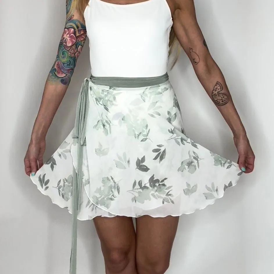 Edelweiss Green Floral Print Chiffon Ballet Wrap Skirt - Classical