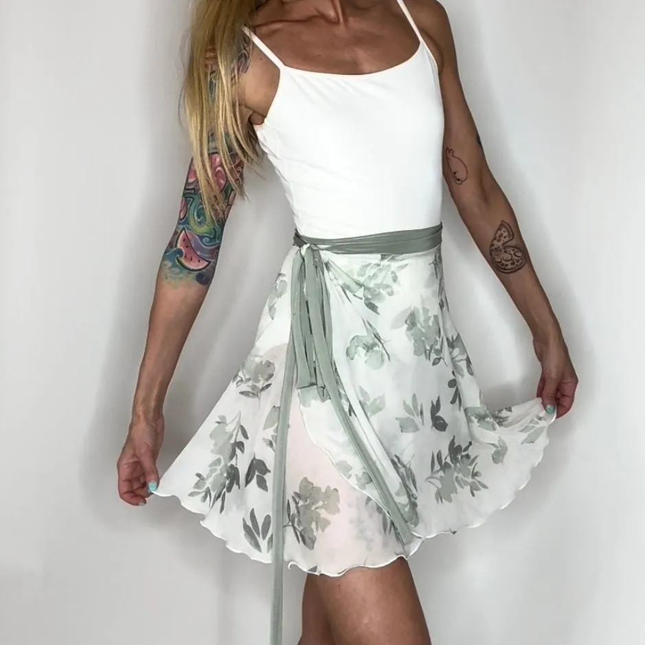 Edelweiss Green Floral Print Chiffon Ballet Wrap Skirt - Classical
