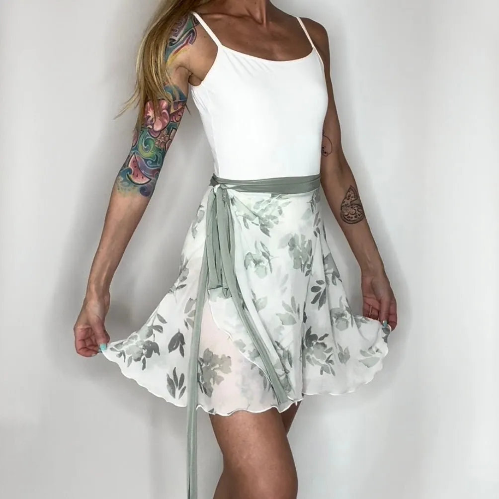 Edelweiss Green Floral Print Chiffon Ballet Wrap Skirt - Classical