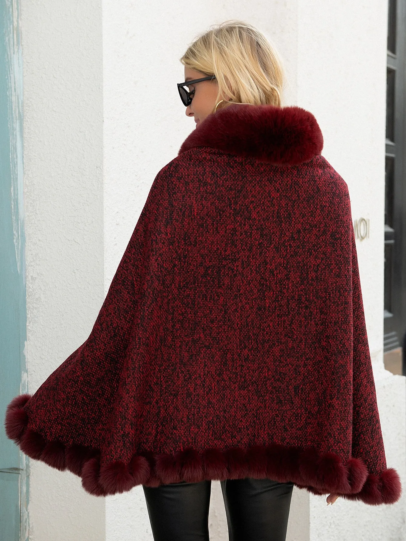 Elegant Plain Contrast Faux Fur Long Sleeve V Neck Midi Women Cardigan