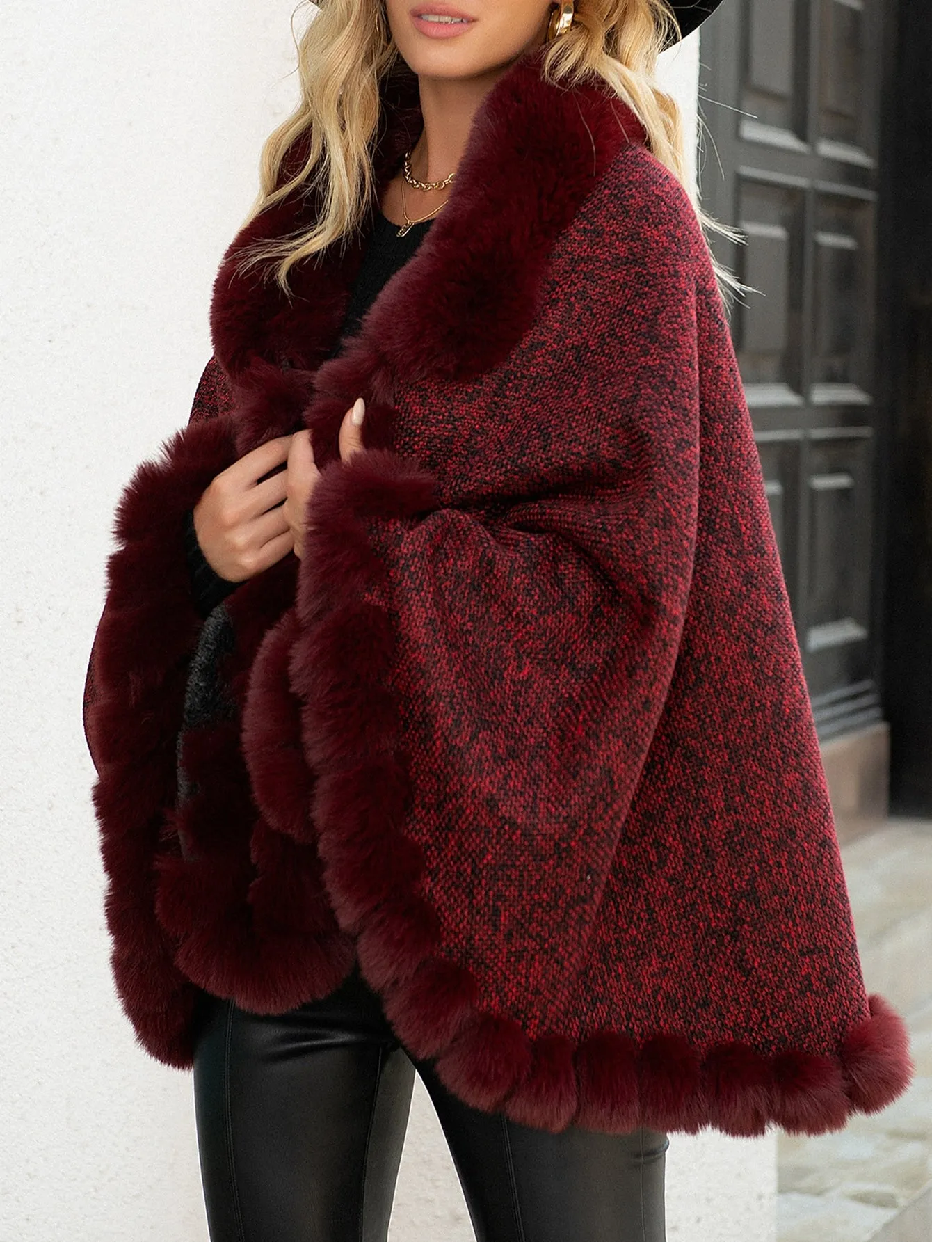 Elegant Plain Contrast Faux Fur Long Sleeve V Neck Midi Women Cardigan