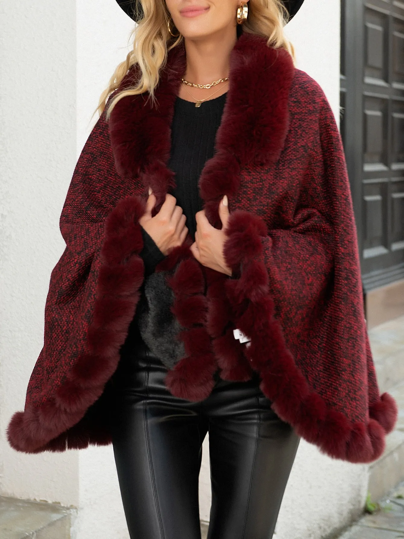 Elegant Plain Contrast Faux Fur Long Sleeve V Neck Midi Women Cardigan