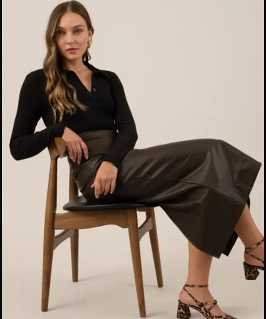 Faux Leather Midi Skirt - Dark Brown - FINAL SALE