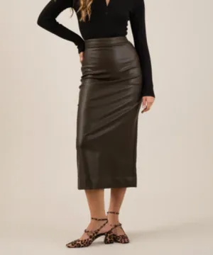 Faux Leather Midi Skirt - Dark Brown - FINAL SALE