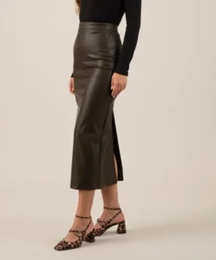 Faux Leather Midi Skirt - Dark Brown - FINAL SALE
