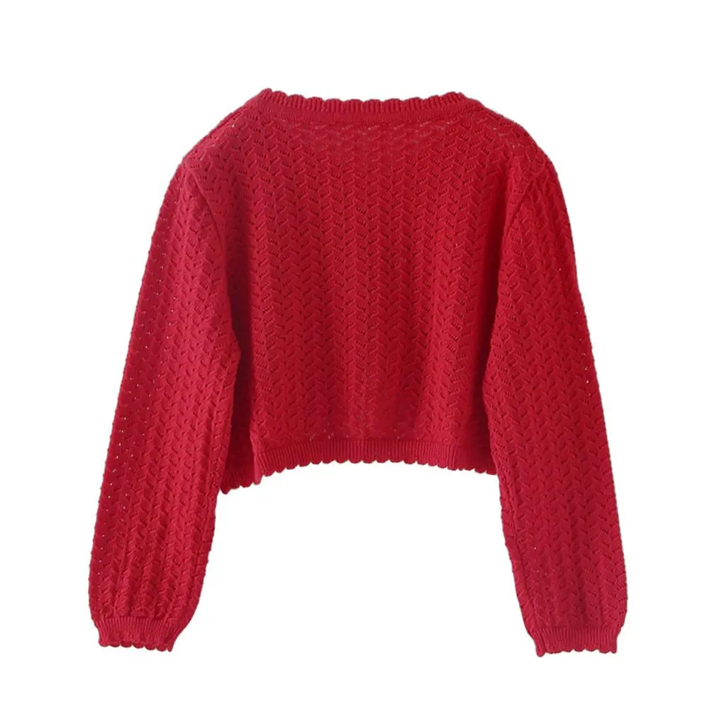 Girls Long Sleeve Hollow Out Solid Cardigan Sweaters
