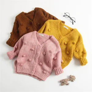 Girls Solid Long Sleeve Handmade Cardigan Bubble Ball Sweaters