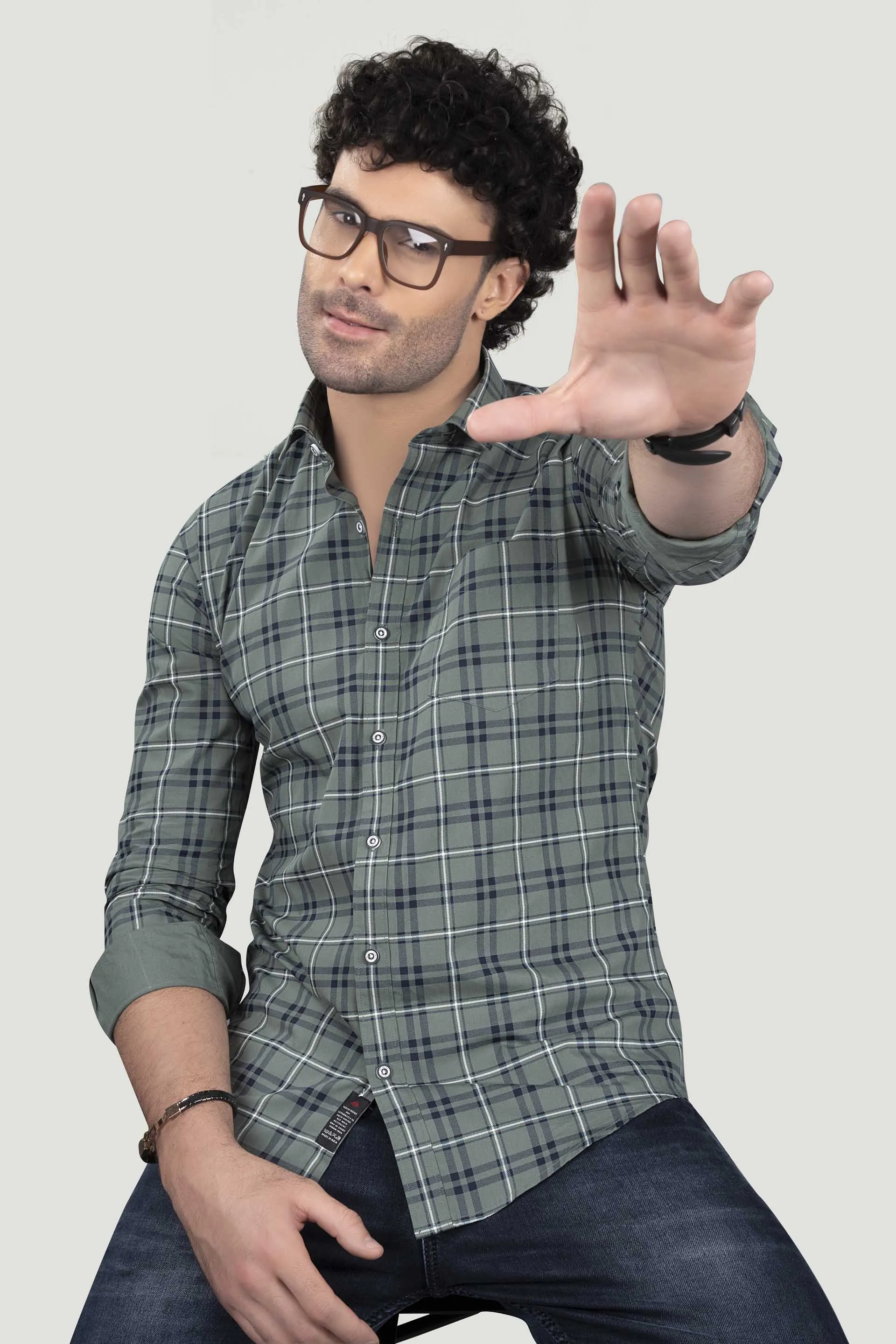 Gleb Light Green Cotton Check Shirt