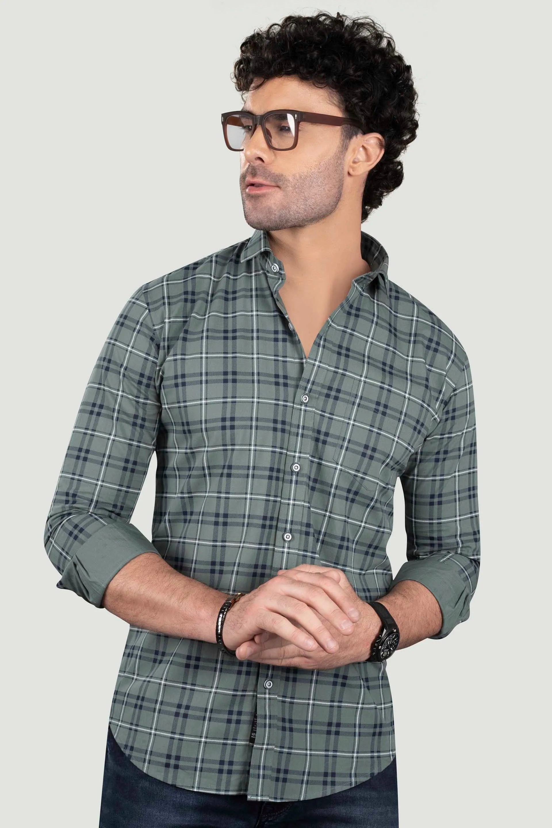 Gleb Light Green Cotton Check Shirt