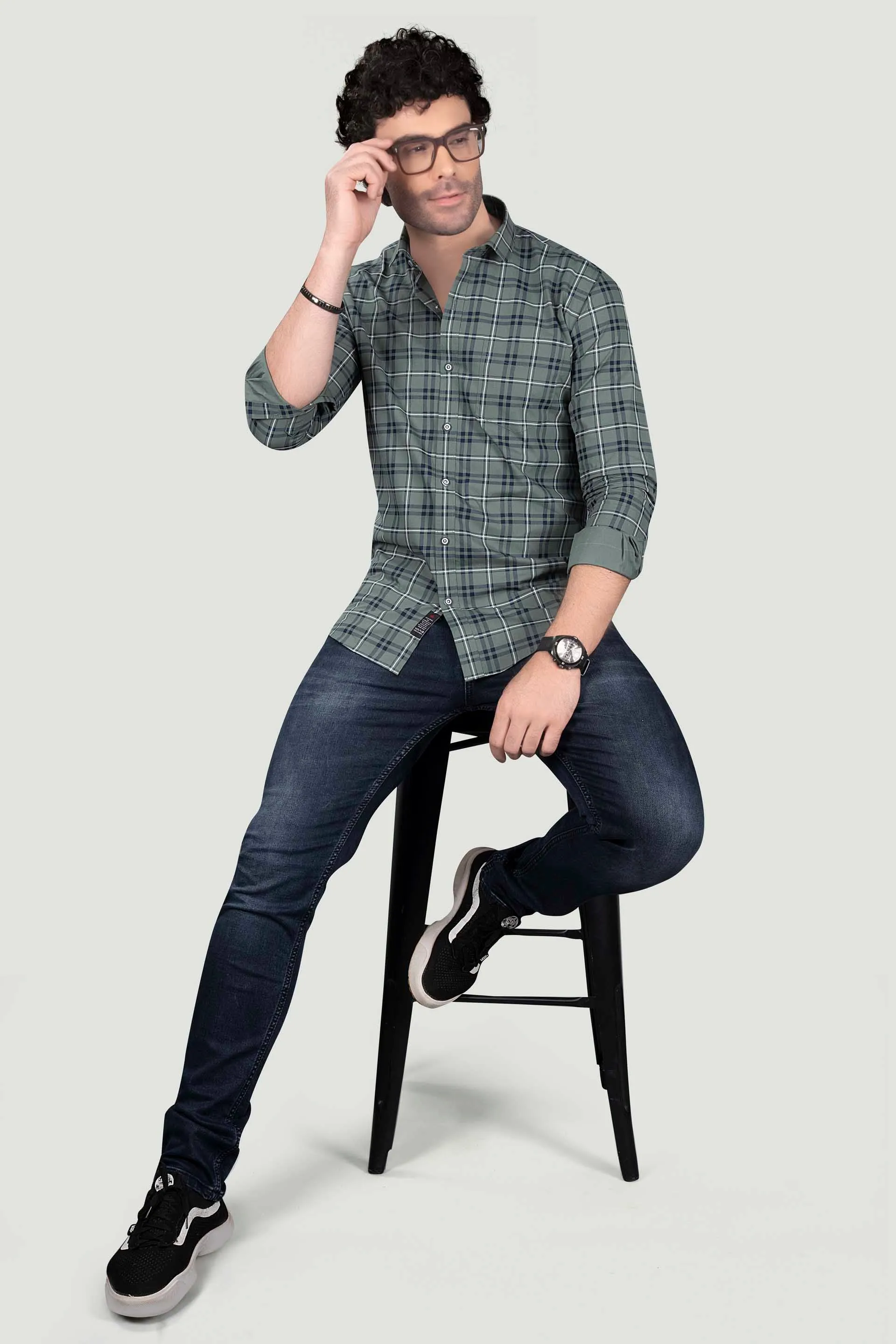 Gleb Light Green Cotton Check Shirt