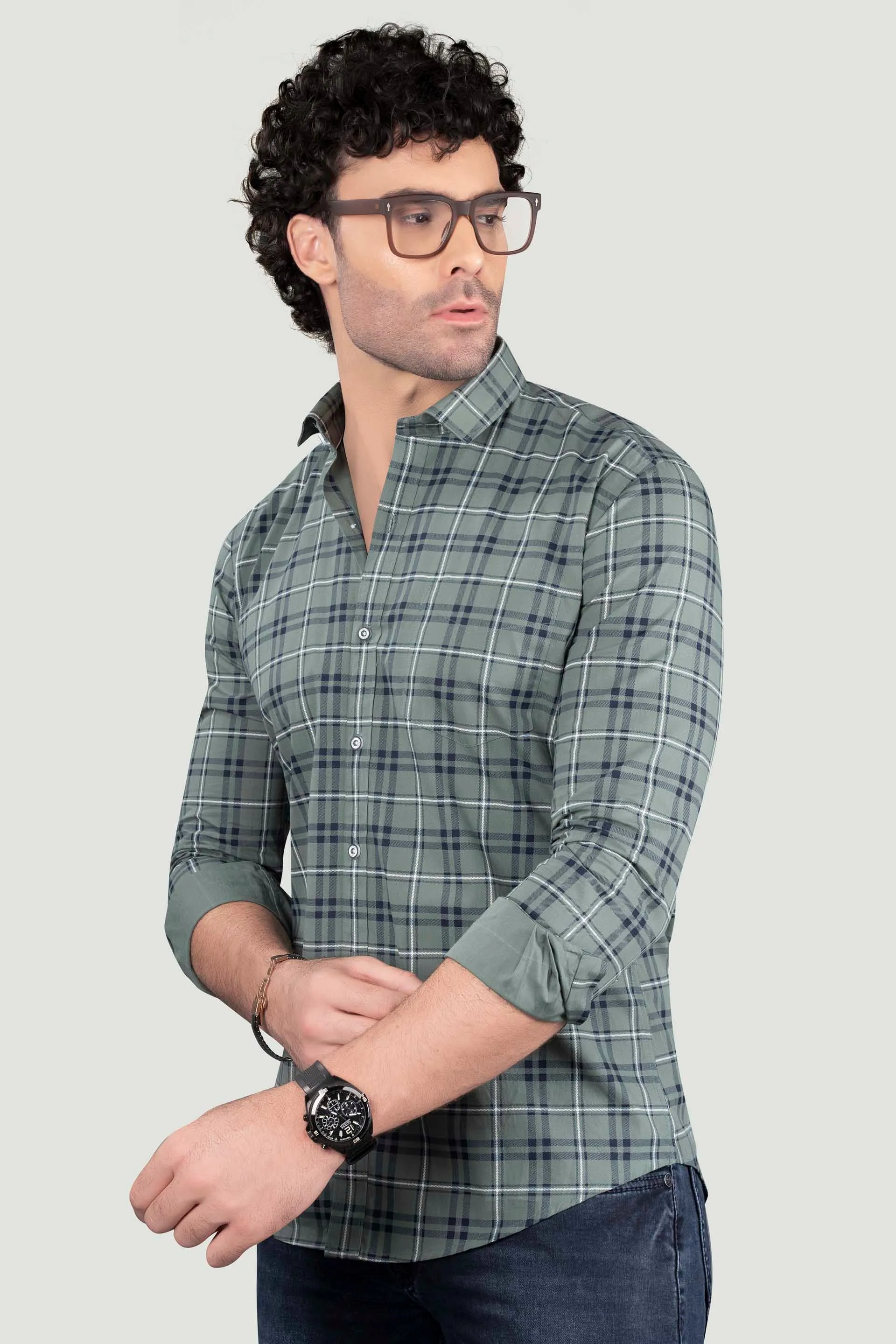 Gleb Light Green Cotton Check Shirt