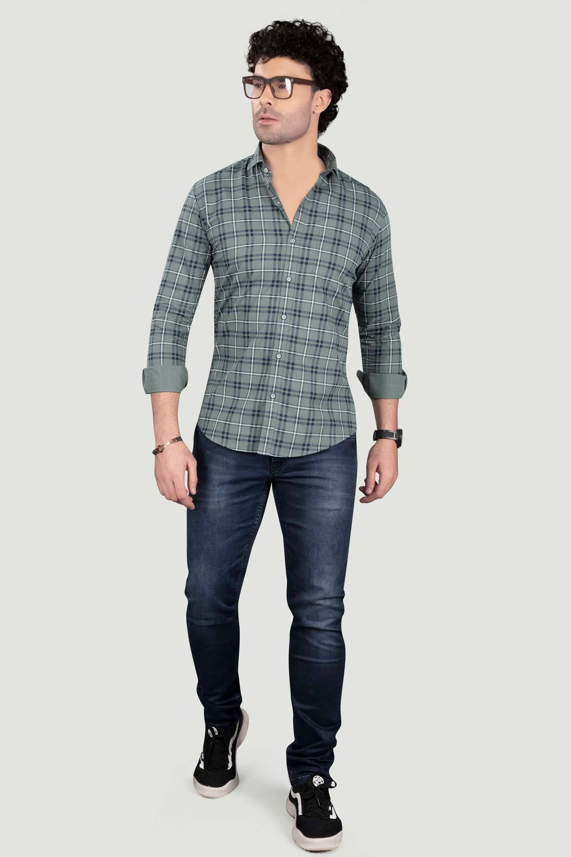 Gleb Light Green Cotton Check Shirt