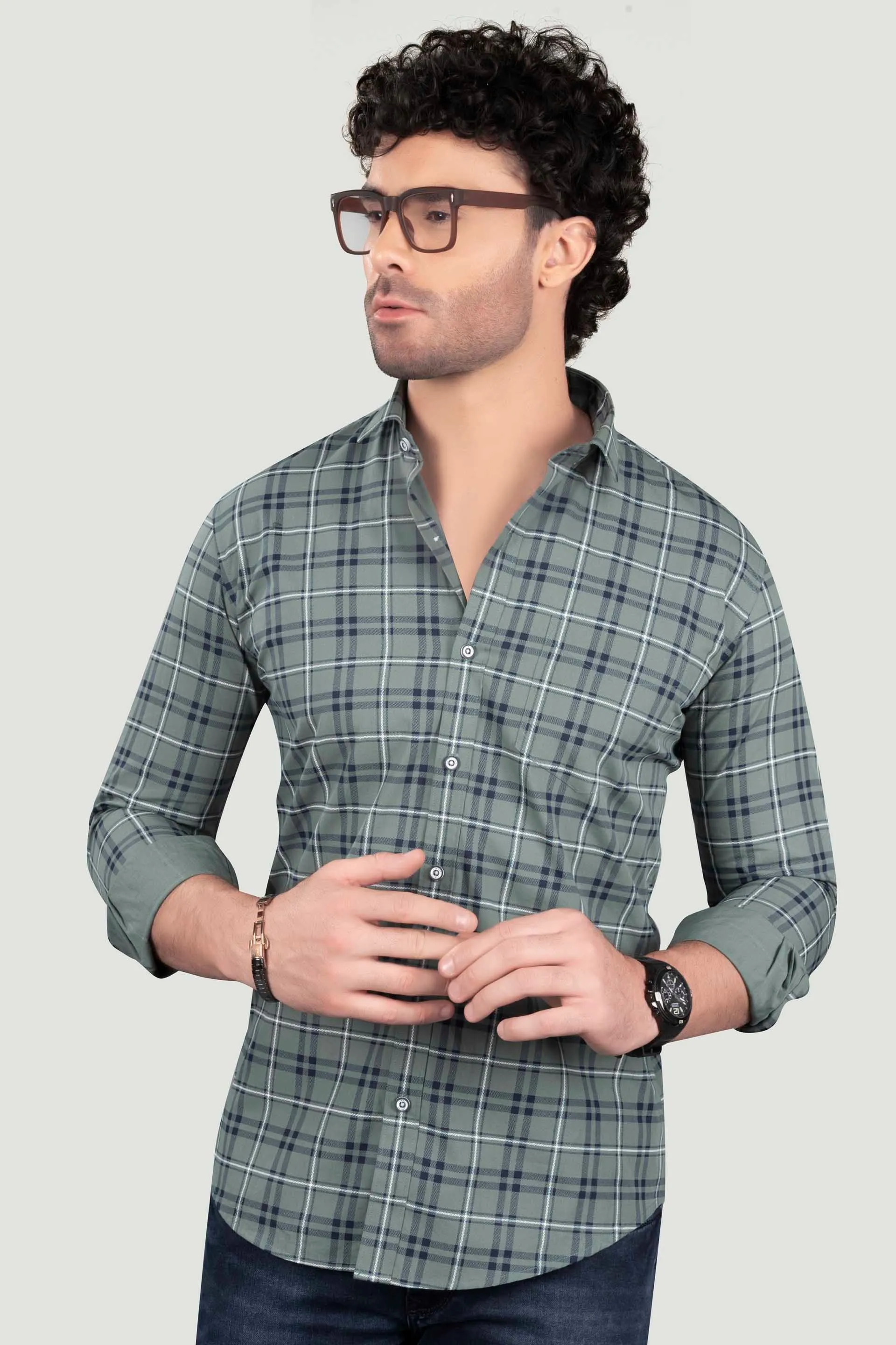 Gleb Light Green Cotton Check Shirt