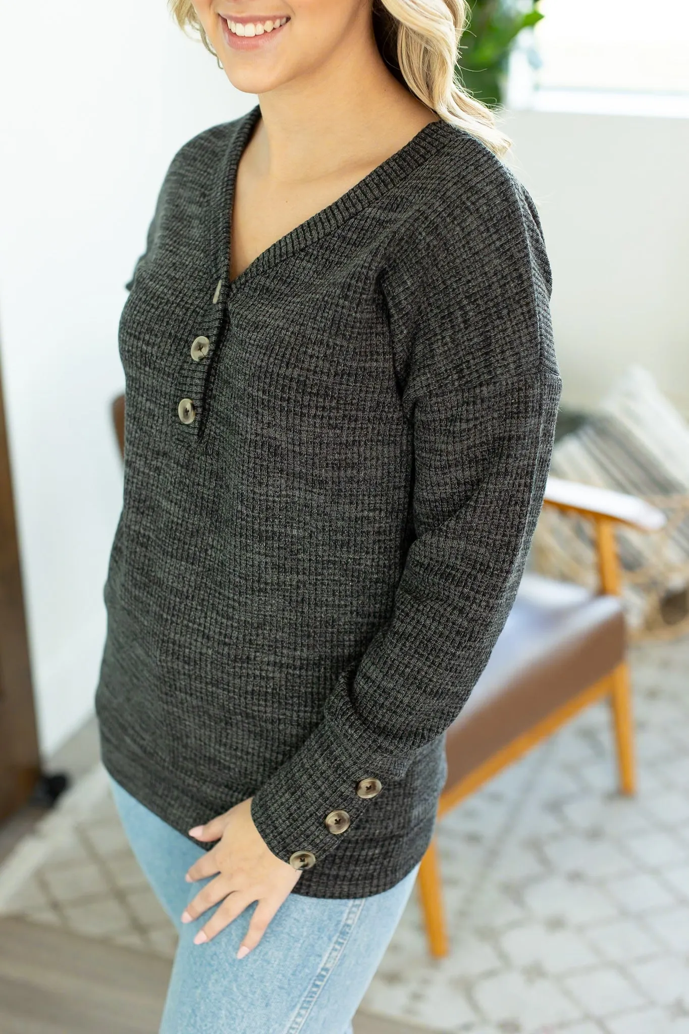IN STOCK Brittney Button Sweater - Charcoal