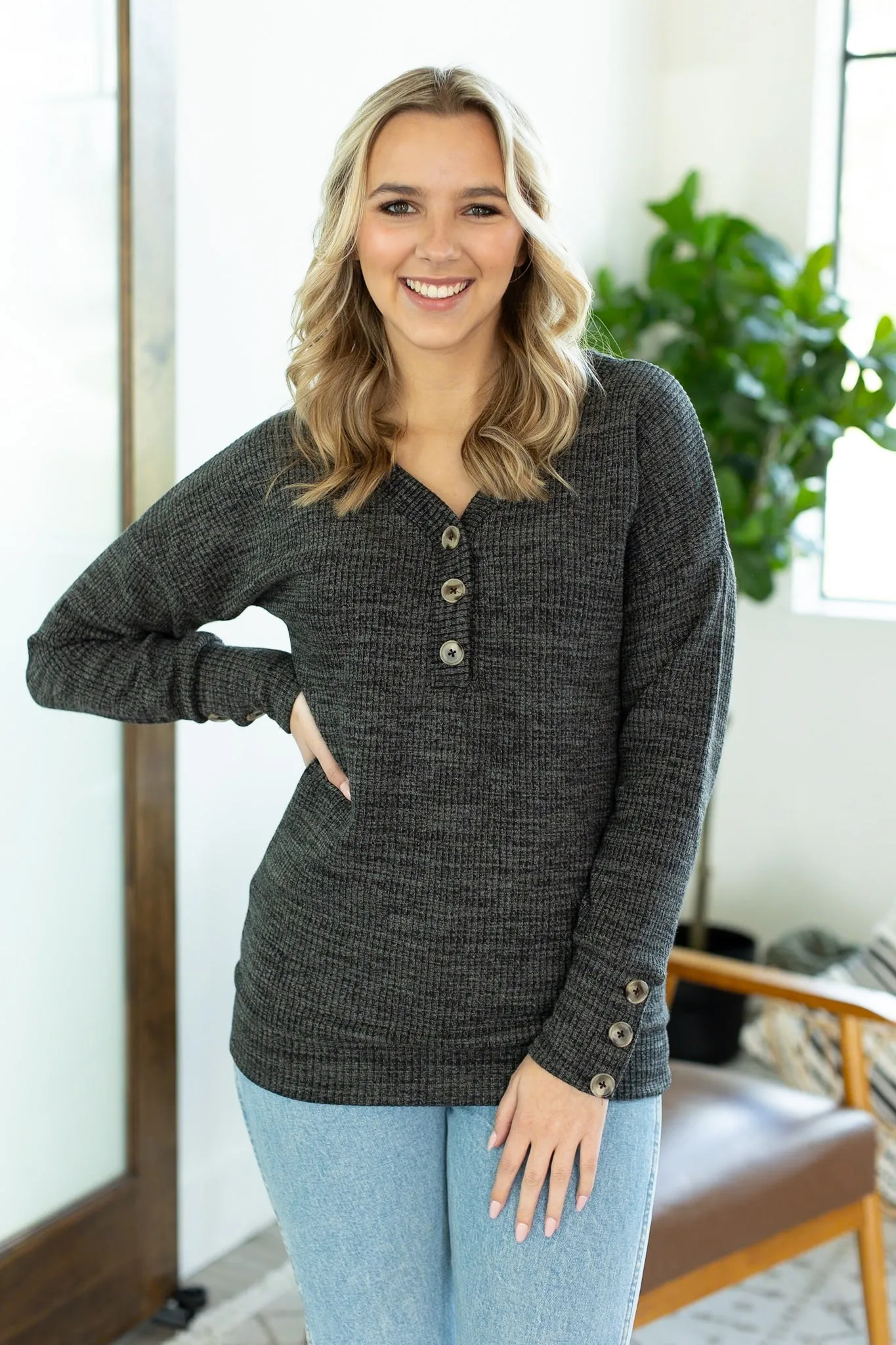 IN STOCK Brittney Button Sweater - Charcoal