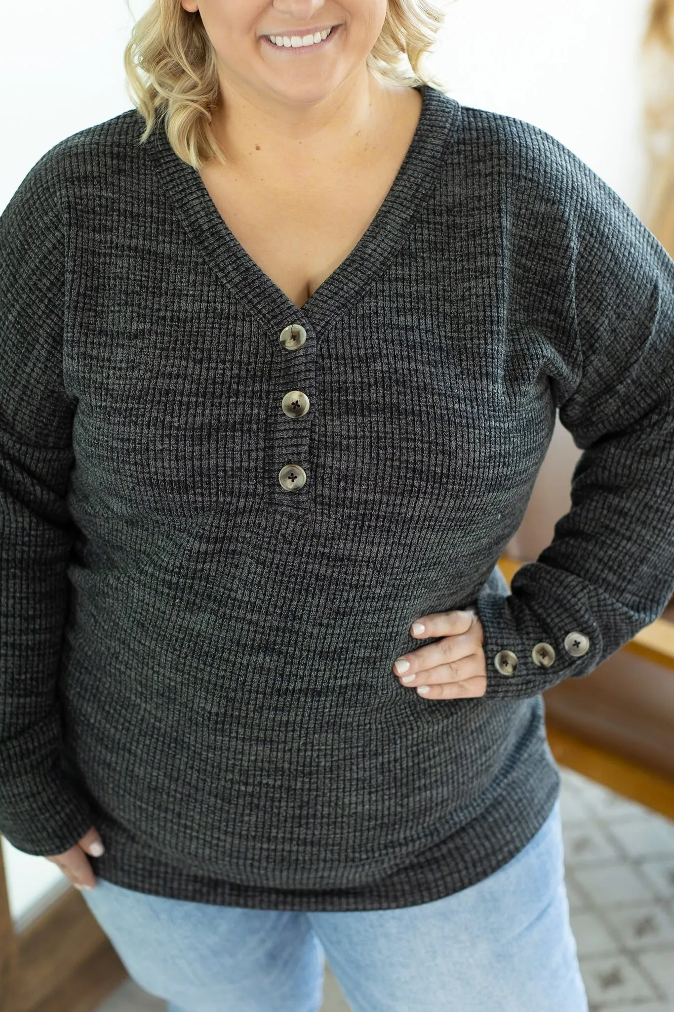 IN STOCK Brittney Button Sweater - Charcoal