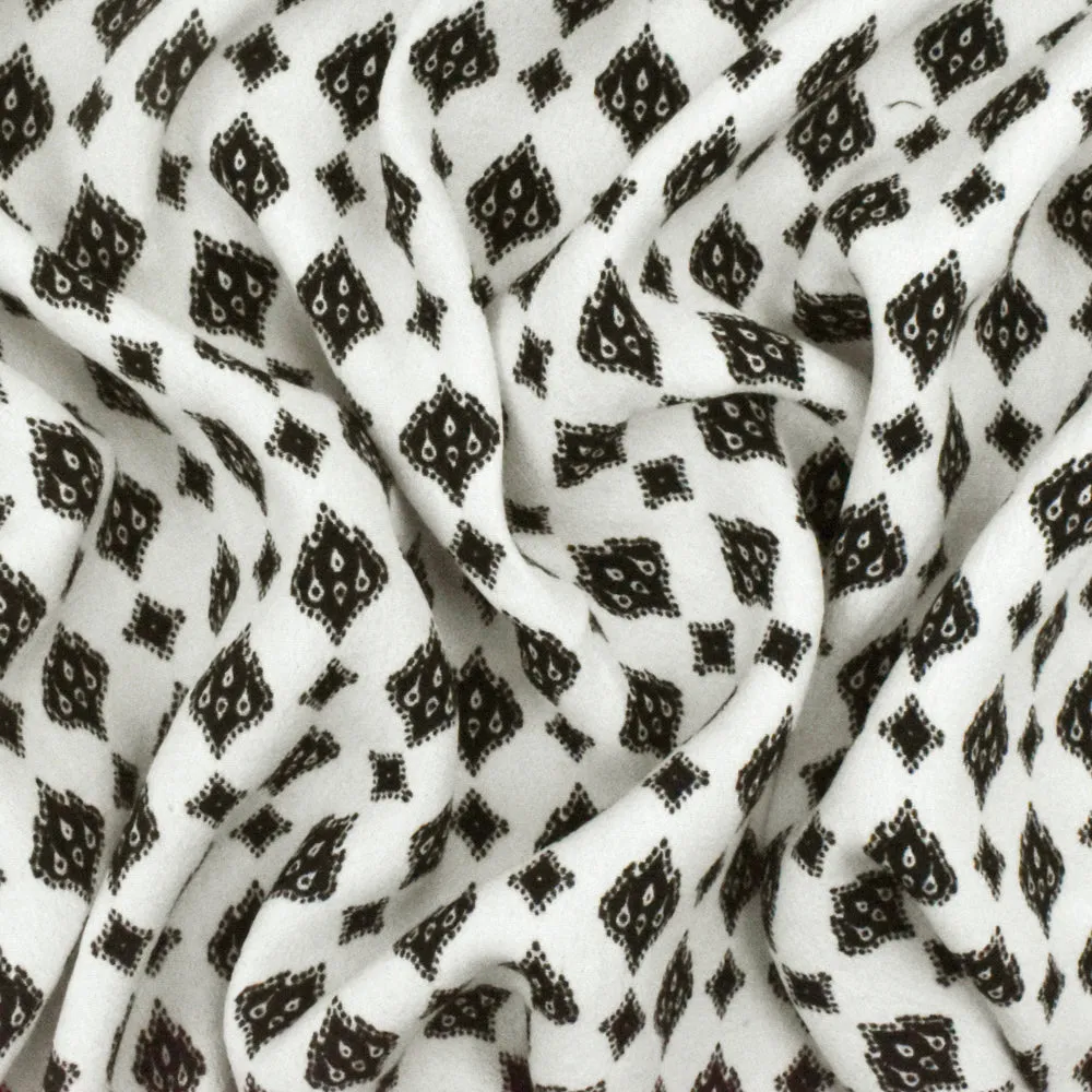 Ivory-Black Ogee Diamond Printed Rayon Crepe Faille Woven Fabric