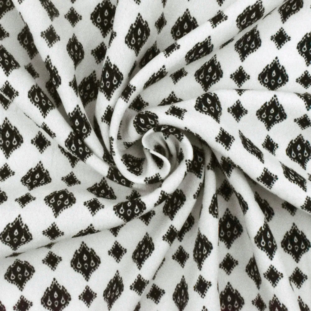 Ivory-Black Ogee Diamond Printed Rayon Crepe Faille Woven Fabric