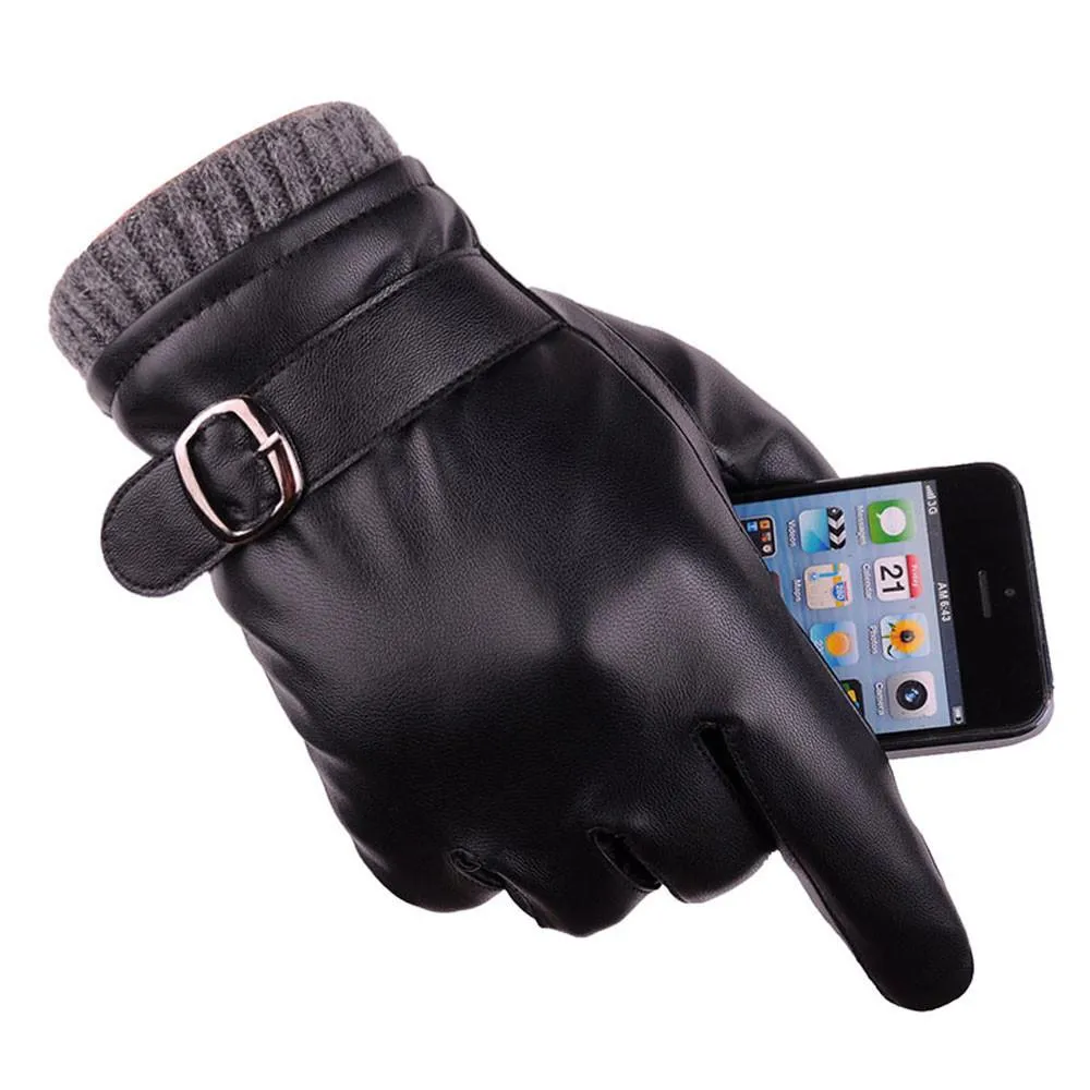 Leather Men Thicken Warm Thermal Gloves