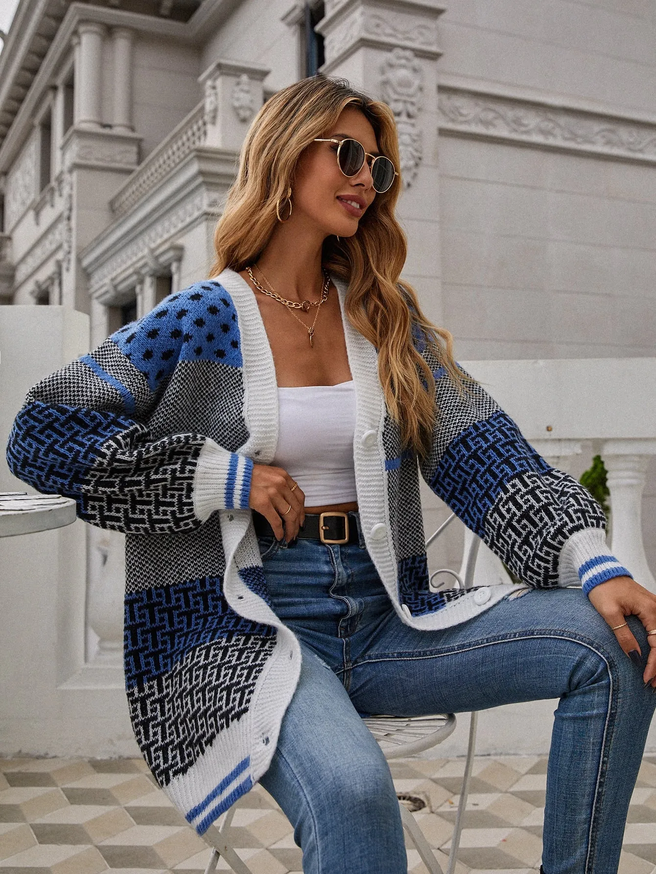 Letter & Polka Dot Pattern Drop Shoulder Cardigan
