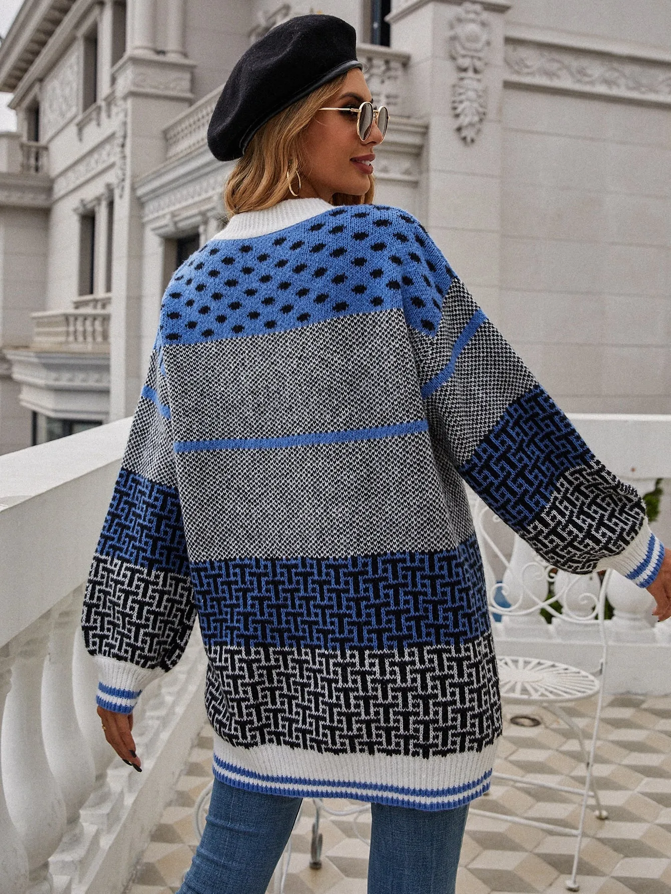 Letter & Polka Dot Pattern Drop Shoulder Cardigan