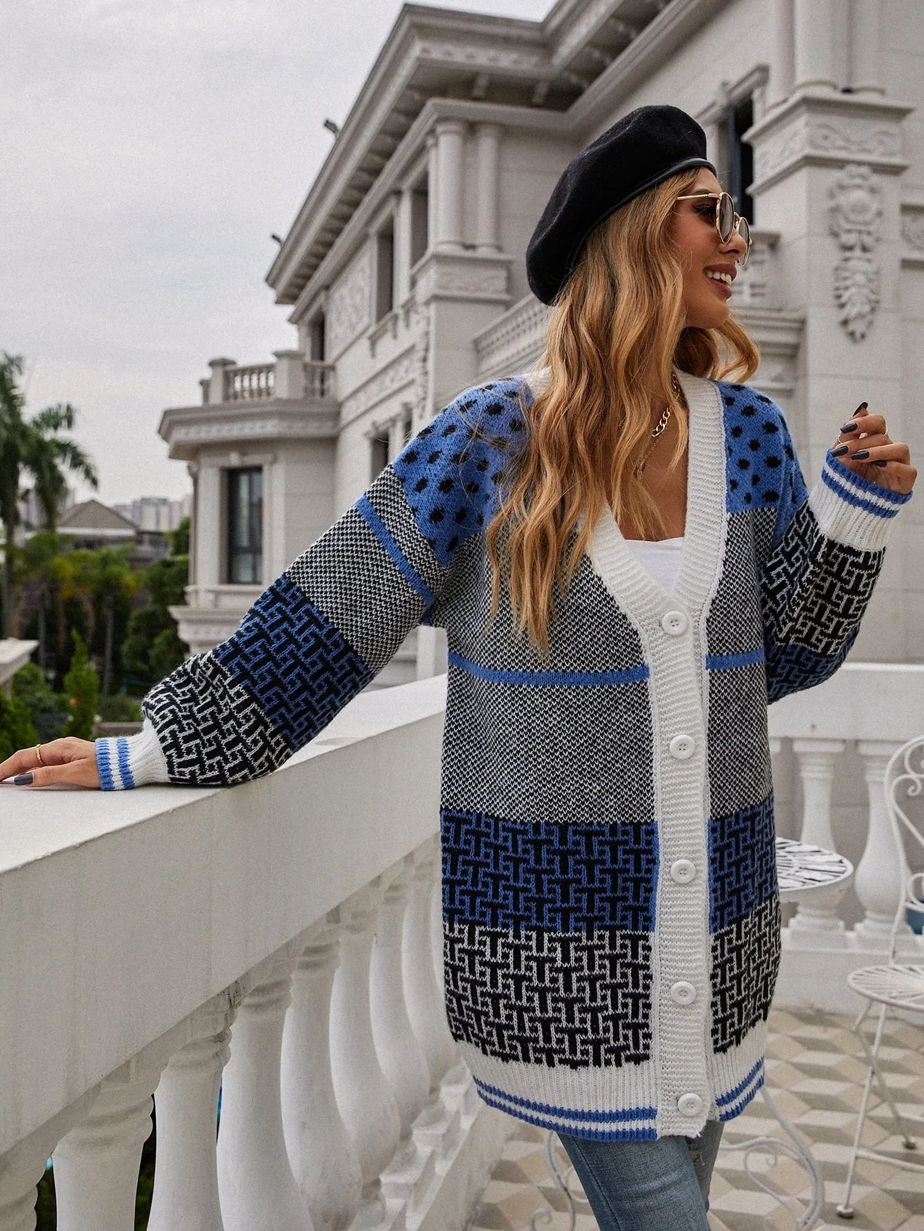 Letter & Polka Dot Pattern Drop Shoulder Cardigan