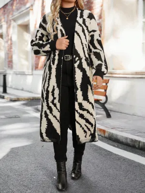 Plus Size Women's Zebra Stripe Lantern Sleeve Cardigan