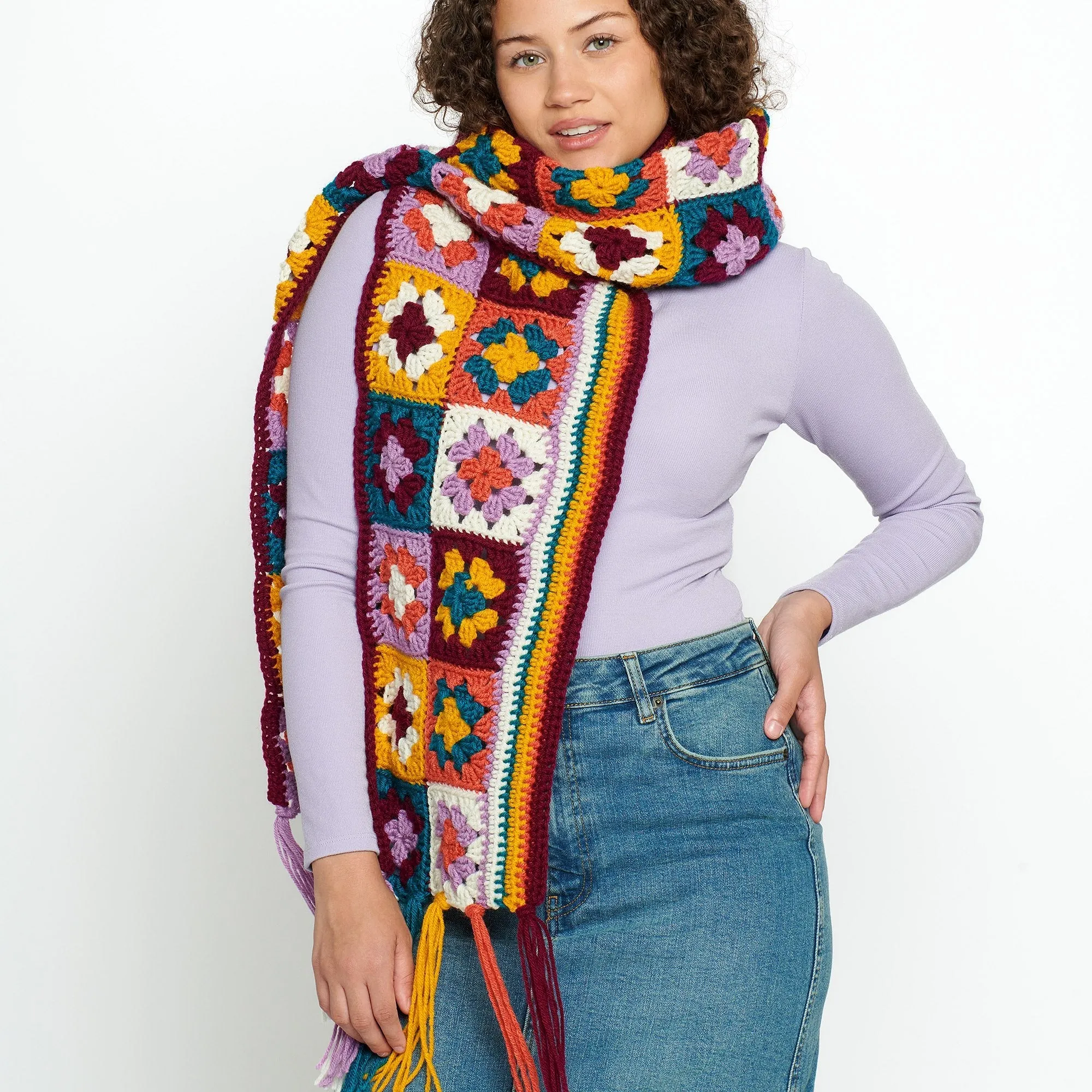 Red Heart Granny Squares & Stripes Crochet Scarf