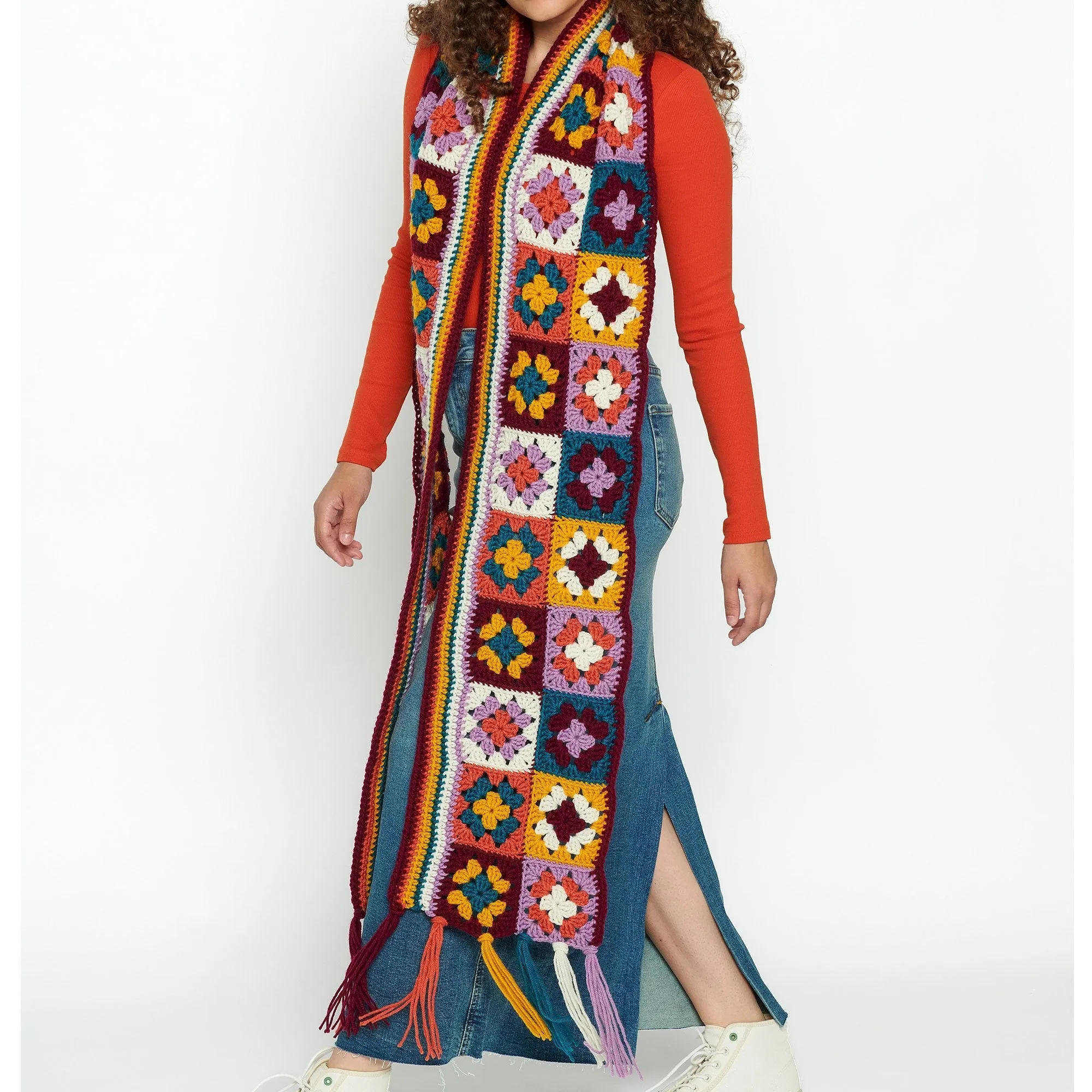 Red Heart Granny Squares & Stripes Crochet Scarf
