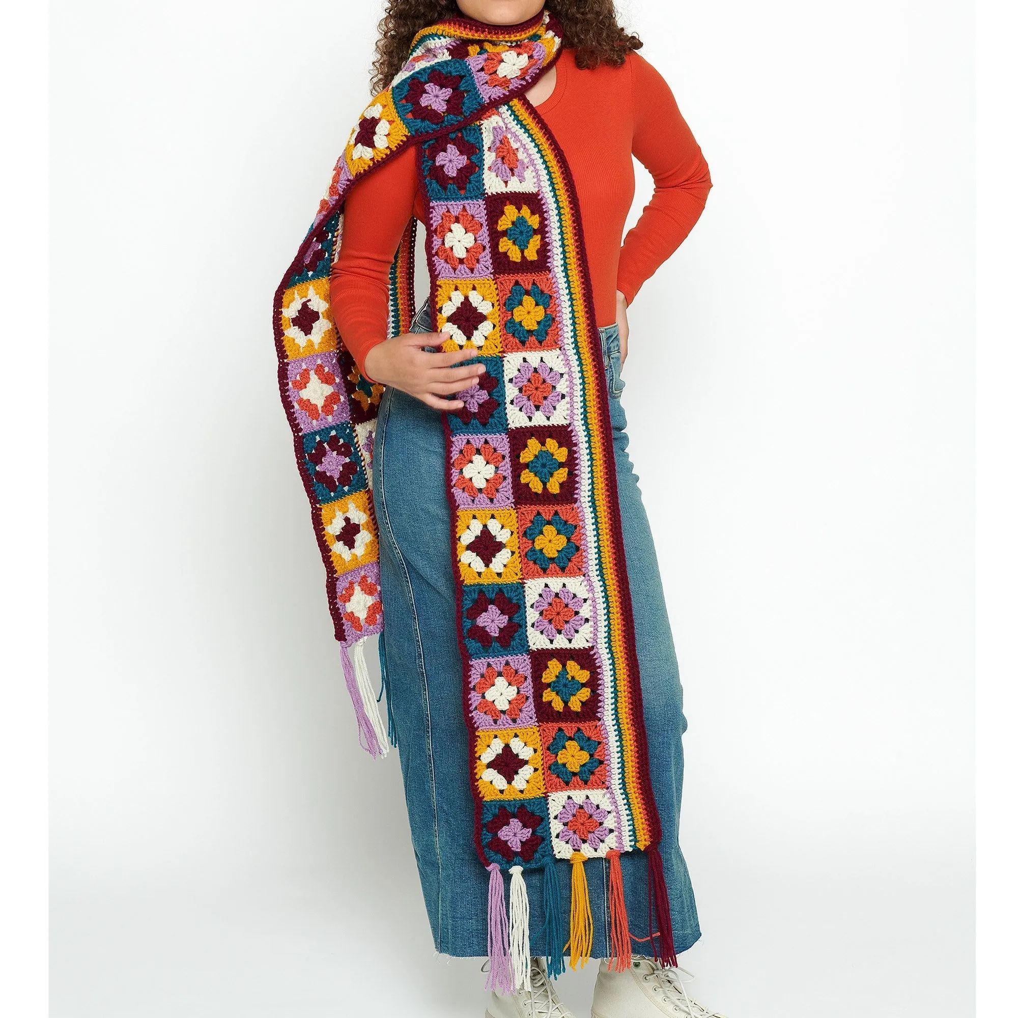 Red Heart Granny Squares & Stripes Crochet Scarf