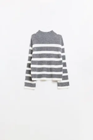 Ribbed knit jersey in grey with cream stripes