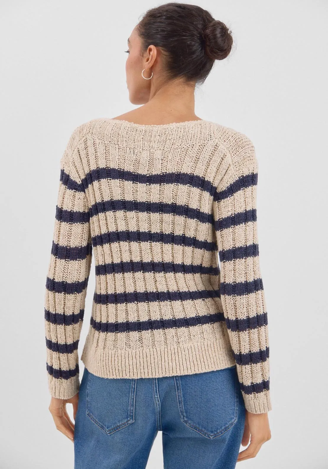 Ribbed Striped Long Sleeve Jumper - Beige/camel