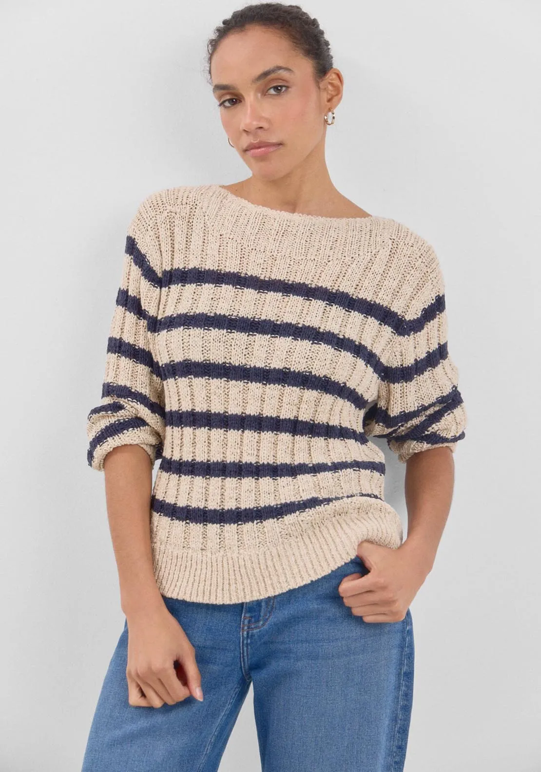 Ribbed Striped Long Sleeve Jumper - Beige/camel
