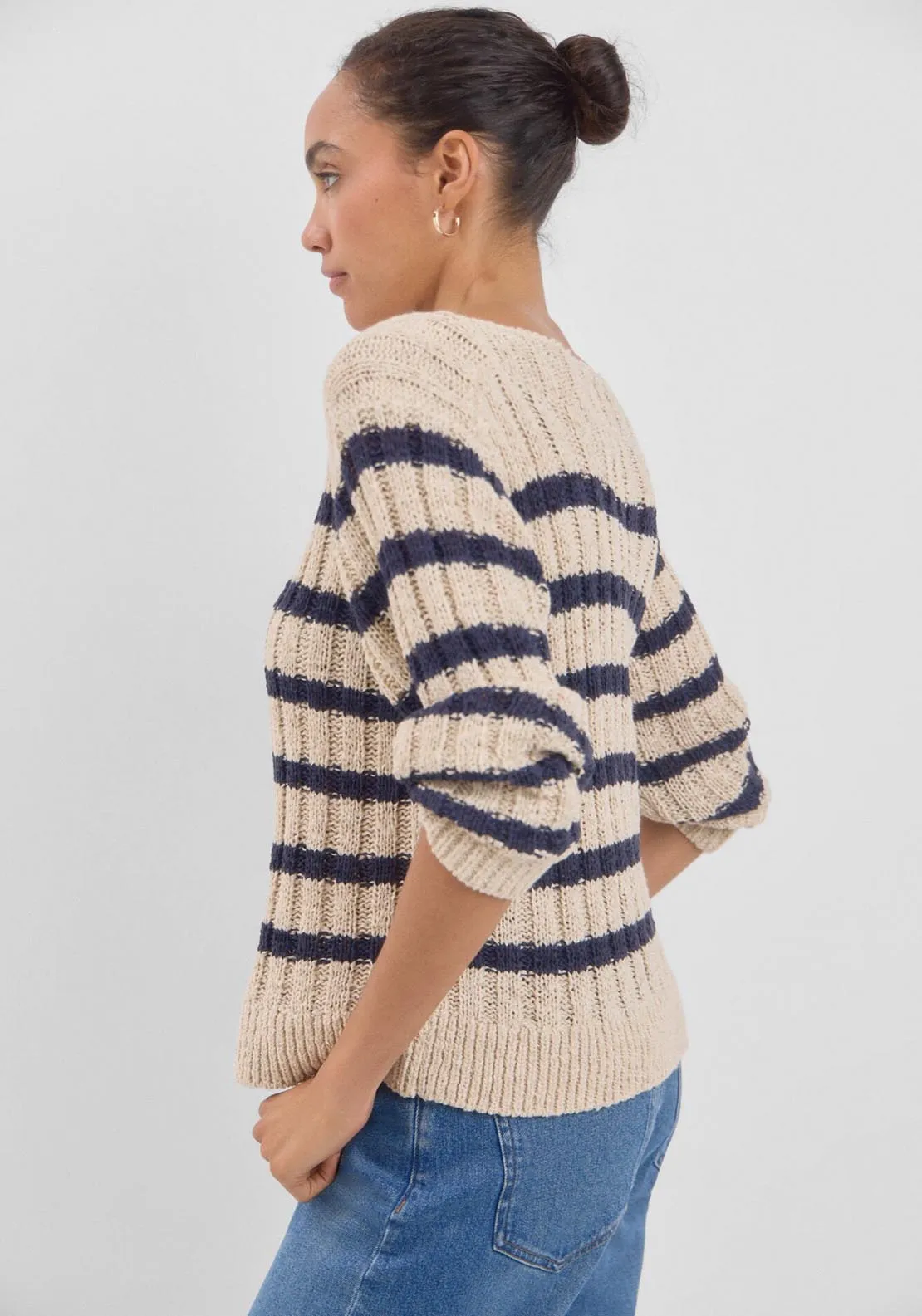 Ribbed Striped Long Sleeve Jumper - Beige/camel