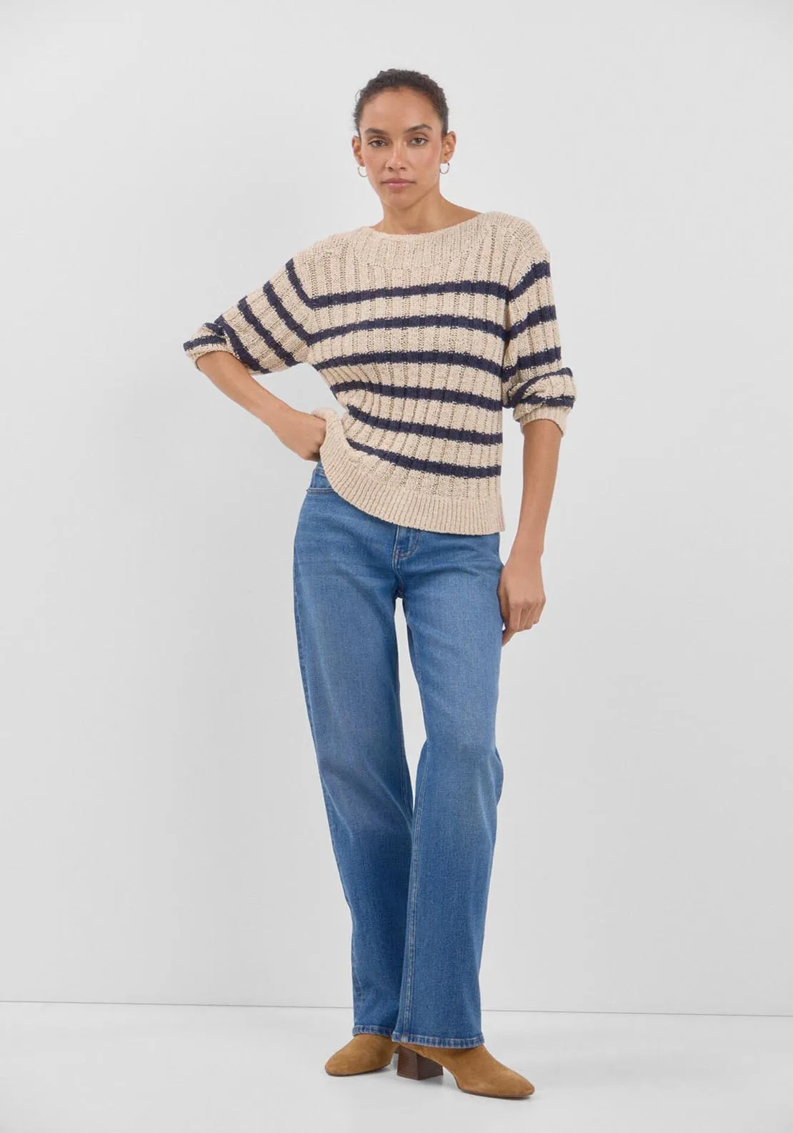 Ribbed Striped Long Sleeve Jumper - Beige/camel