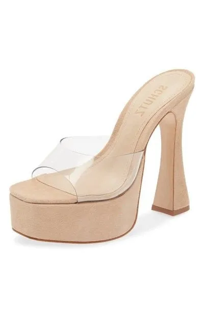 Schutz Haila Honey Beige Slip On Open Toe Block High Heel Platform Sandals
