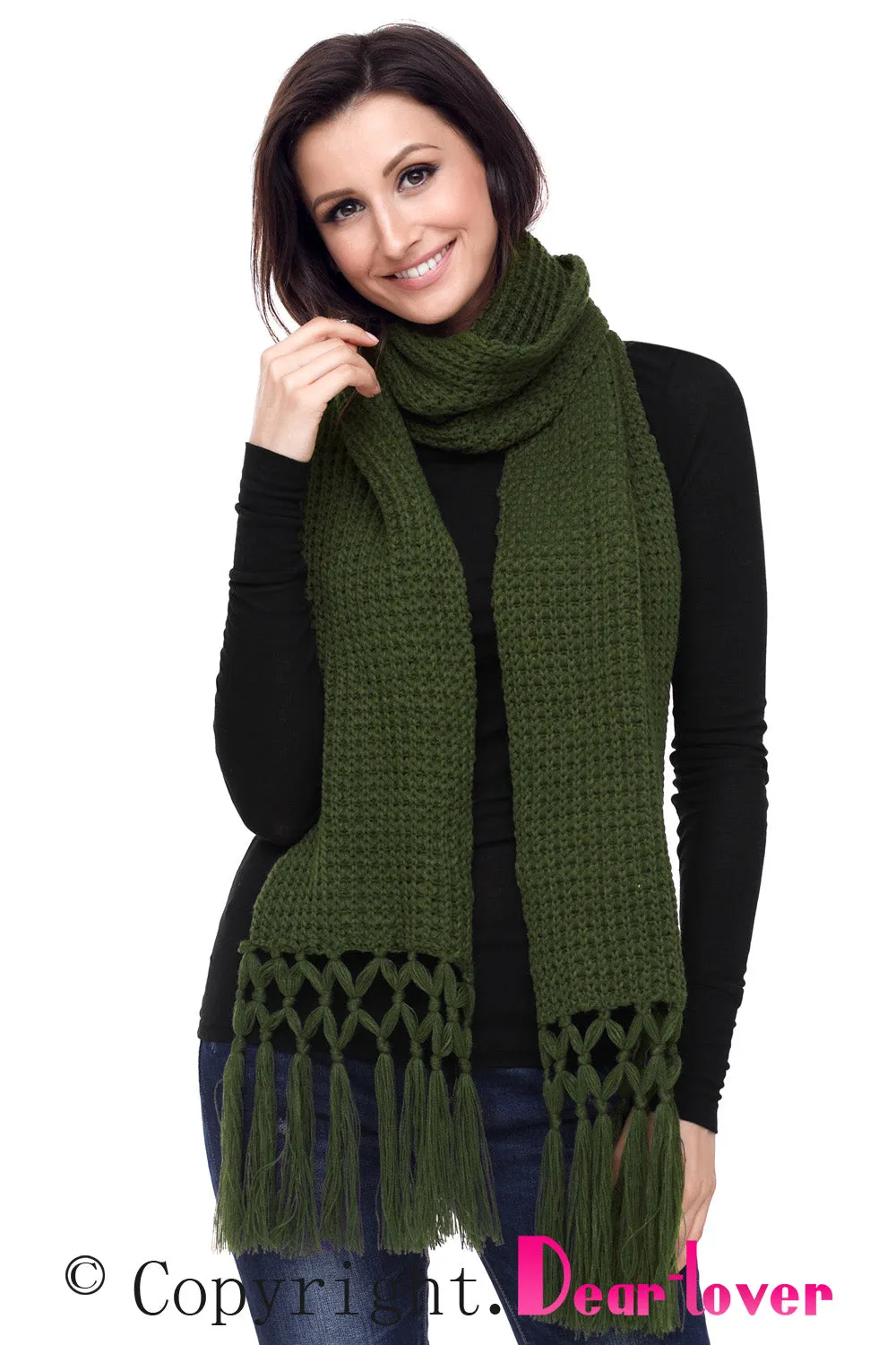 Sexy Green Cozy Chunky Knit Tassel Scarf
