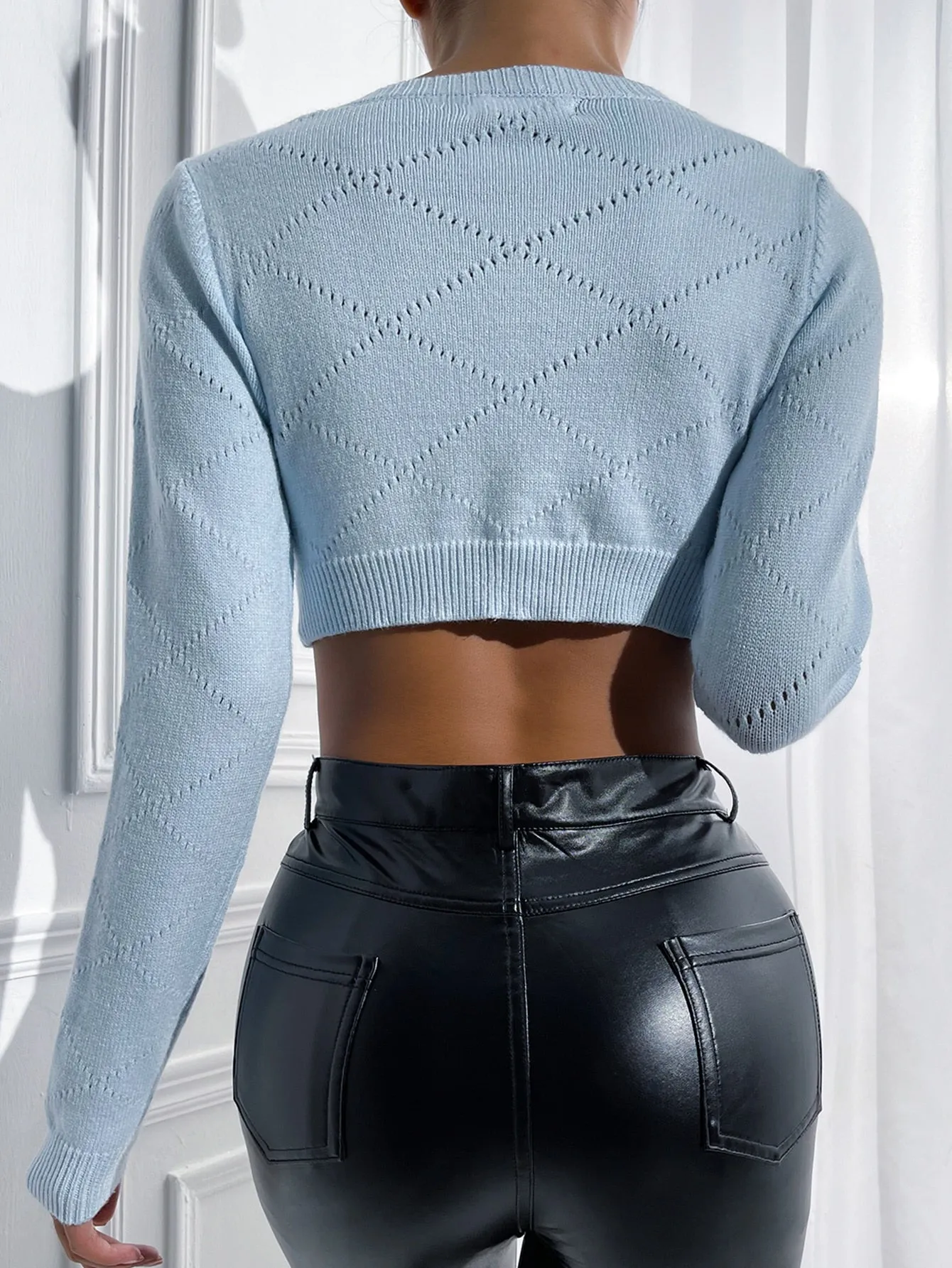 Sexy Plain Button Front Long Sleeve Round Neck Crop Women Cardigan
