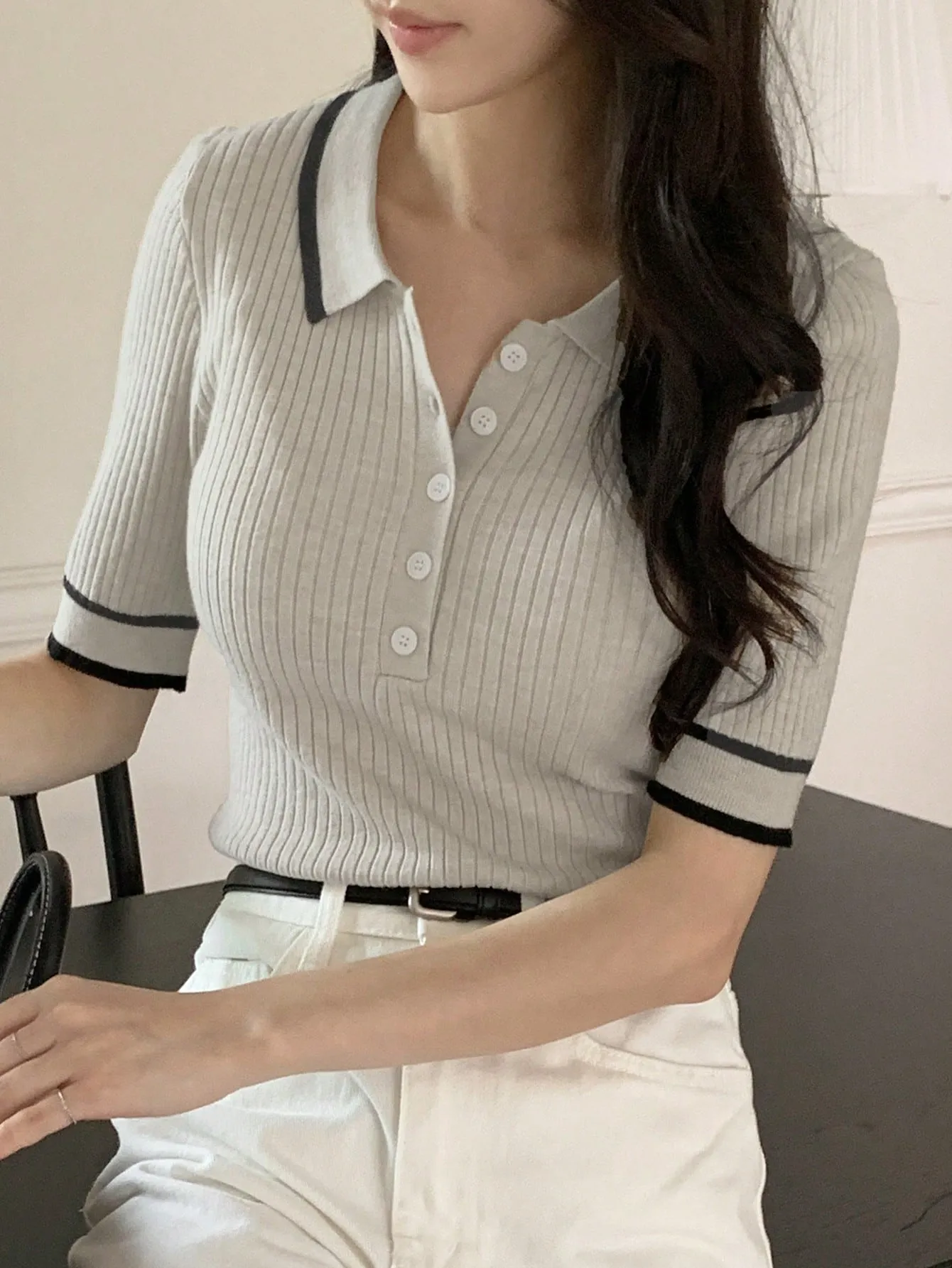 Shein DAZY Women's Casual Colorblock Stripe Polo Knit Top