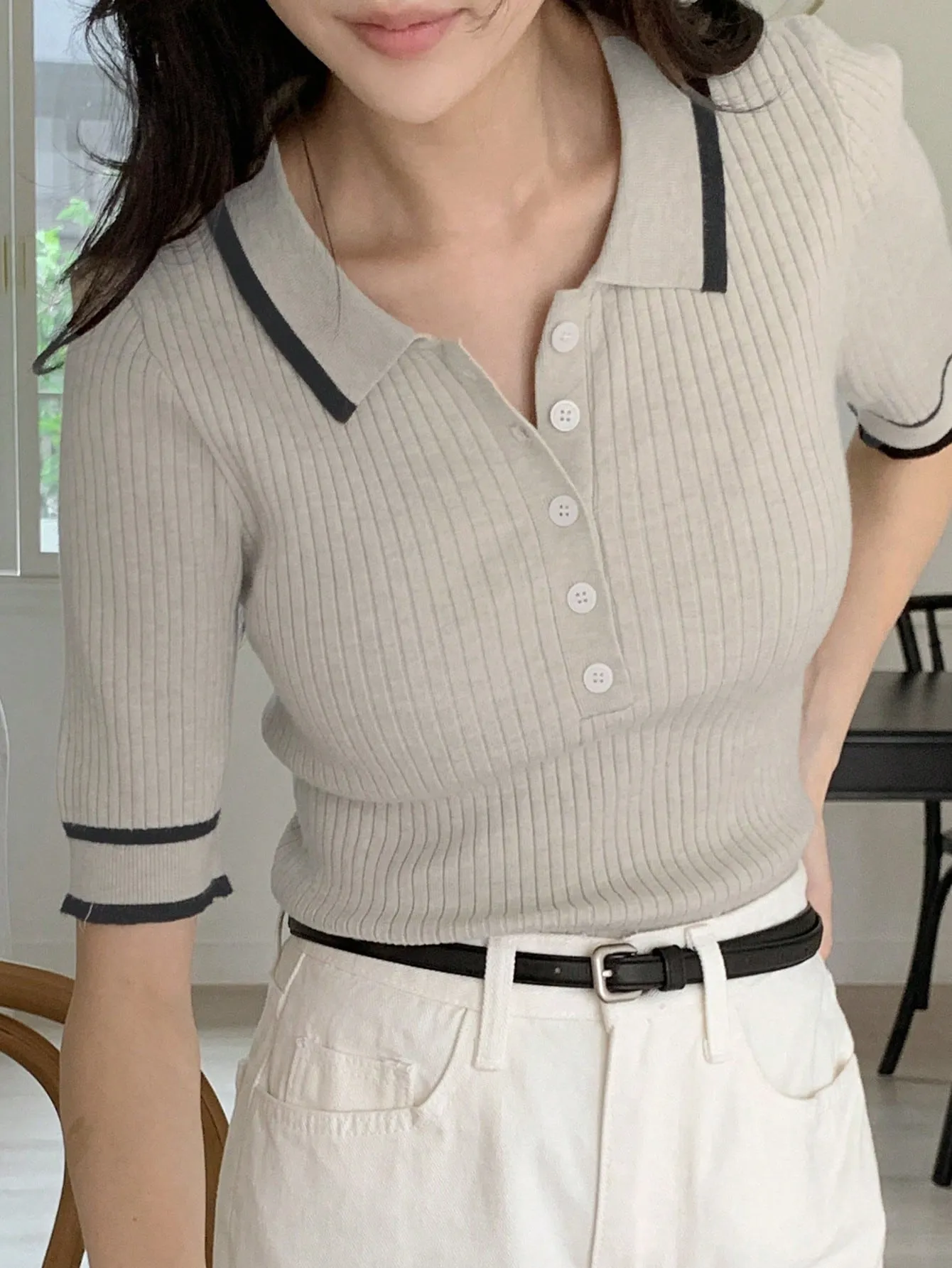 Shein DAZY Women's Casual Colorblock Stripe Polo Knit Top
