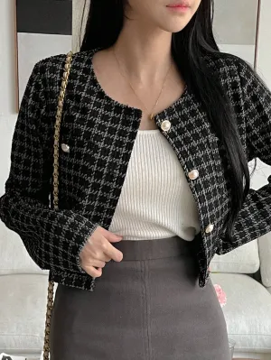 Shein DAZY Women's Plaid Round Neck Short Cardigan Long Sleeve Button Stylish Casual Jacket