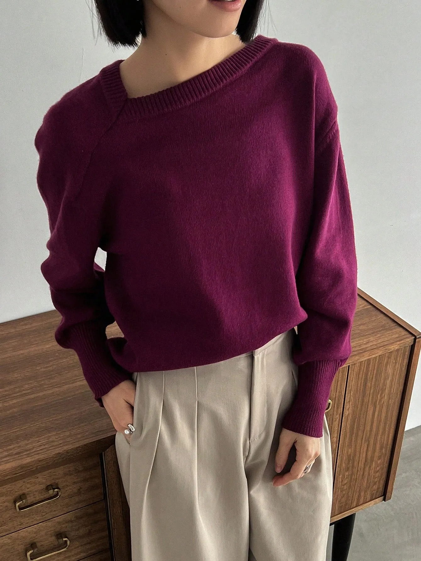Shein FRIFUL Solid Asymmetrical Neck Drop Shoulder Sweater