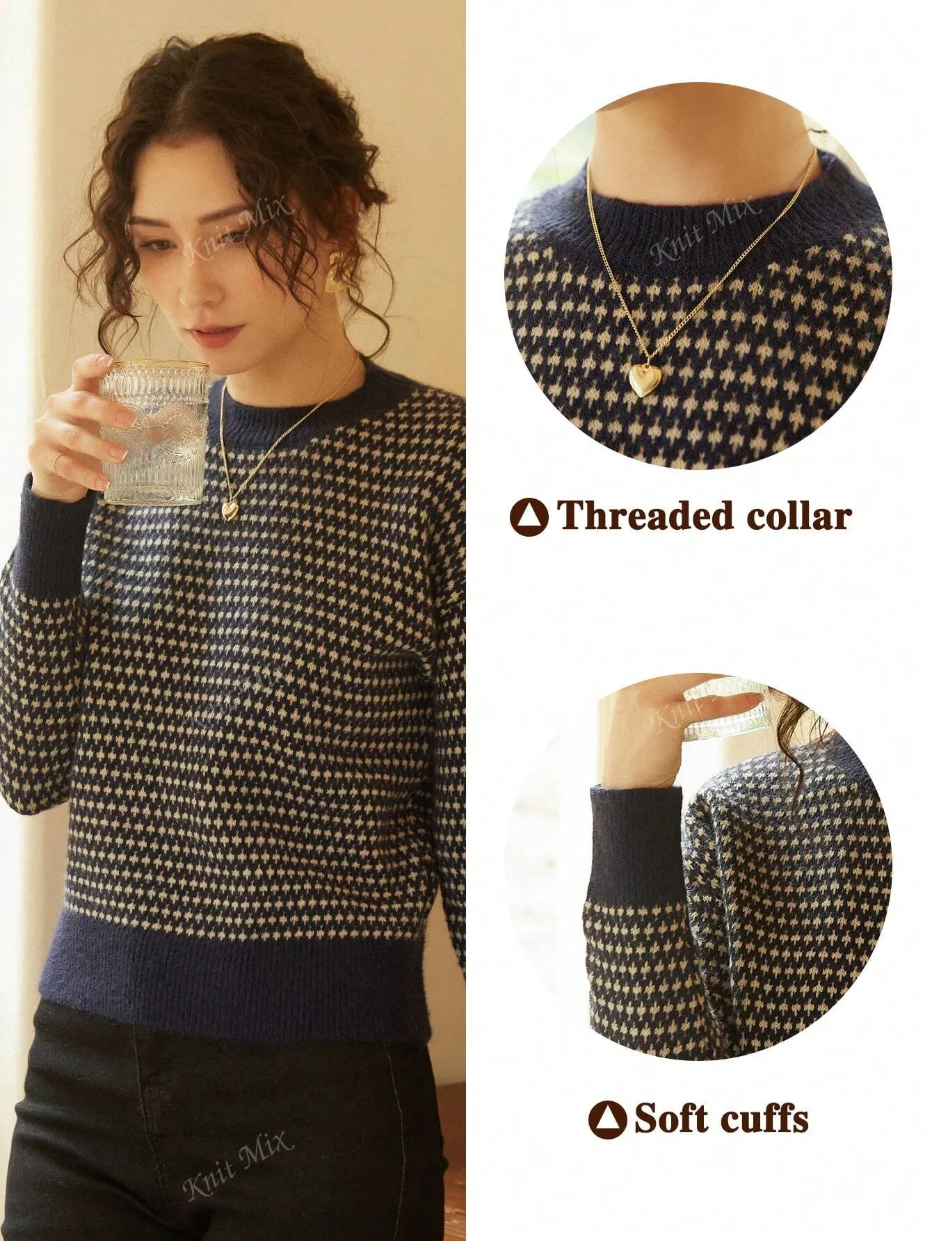 Shein Knit Mix Women's Knitted French Commuter Striped Crew Neck Long Sleeve Contrast Color Casual Loose Sweater