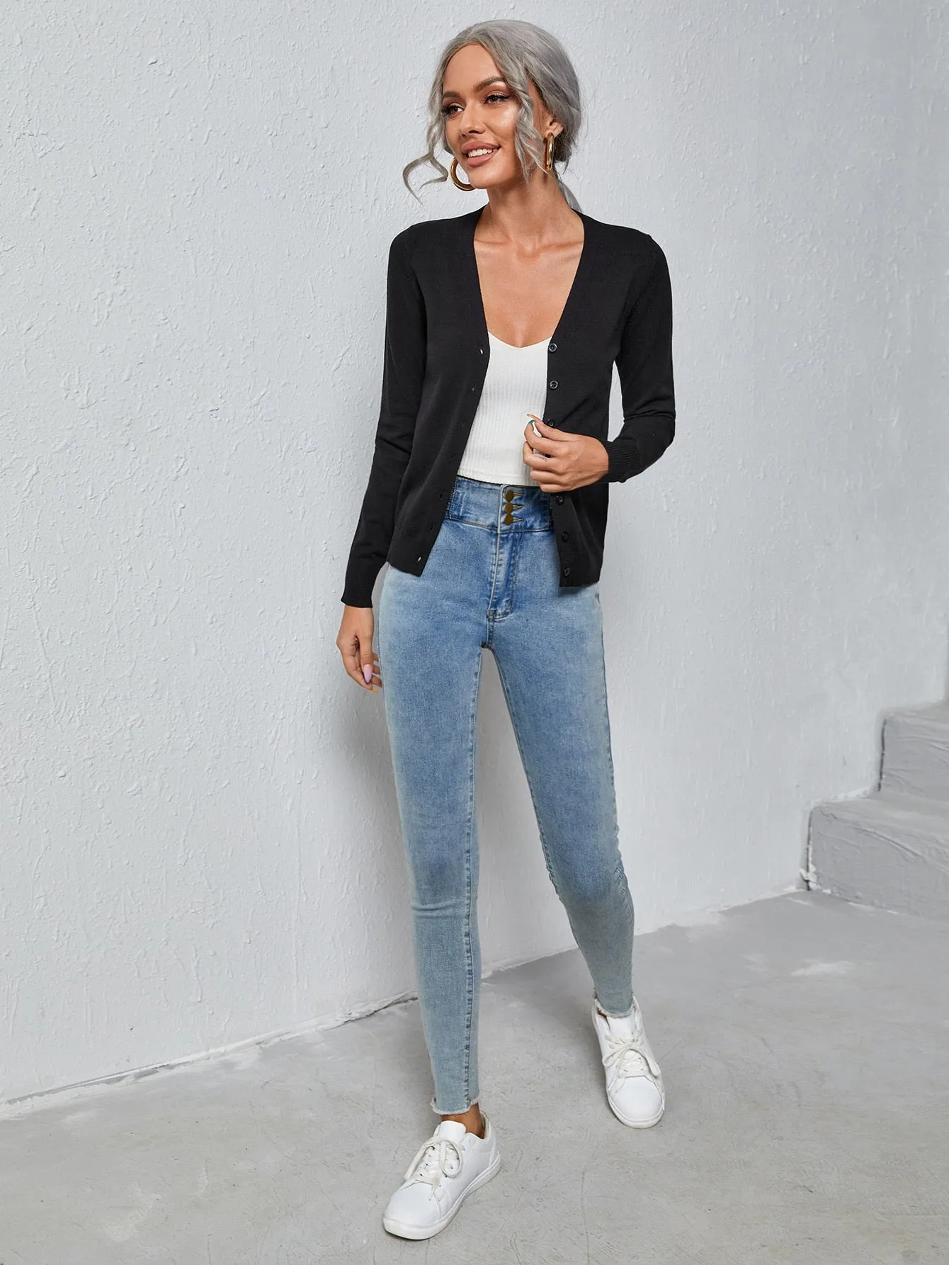 Solid Button Front Cardigan
