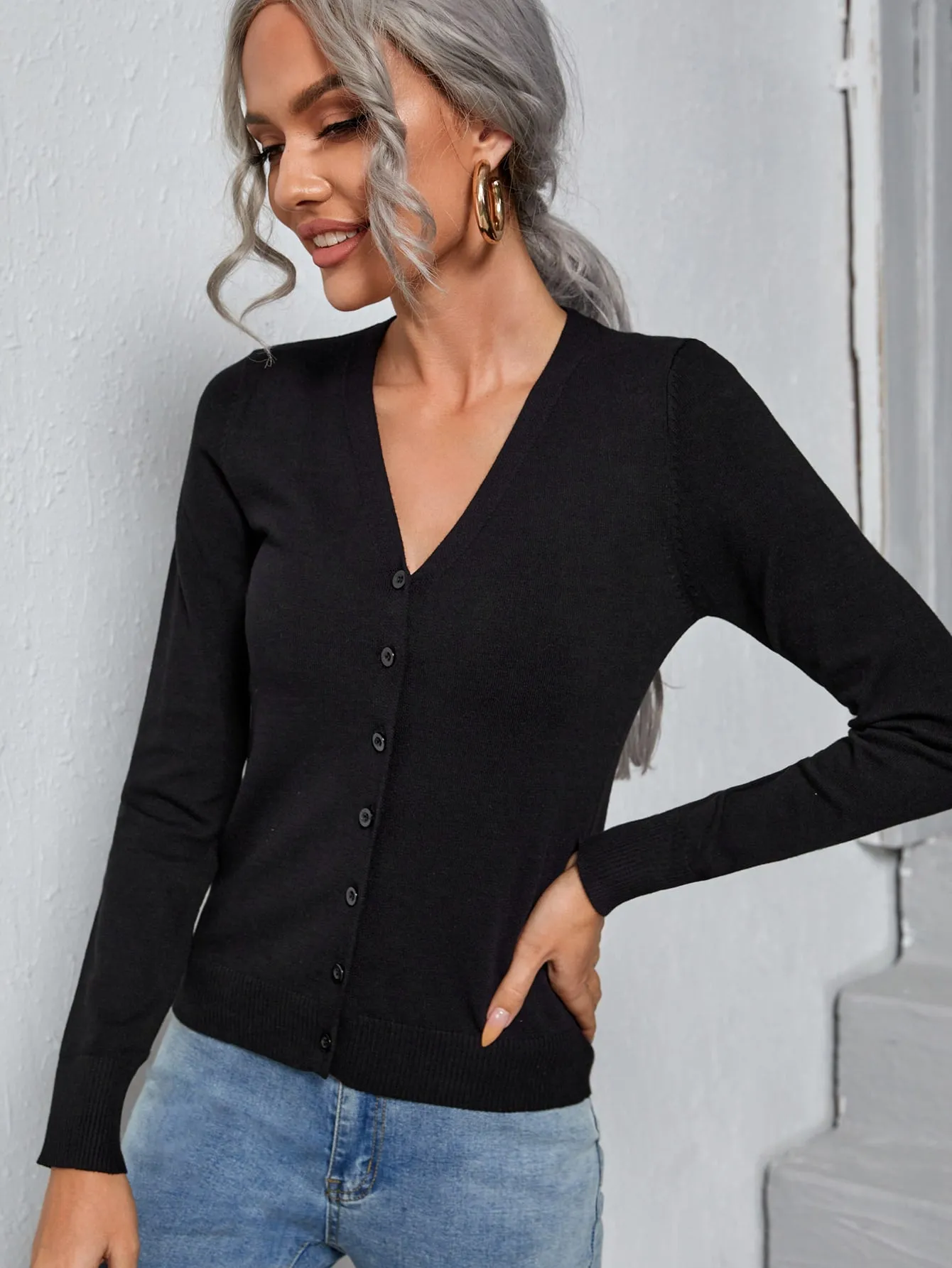 Solid Button Front Cardigan