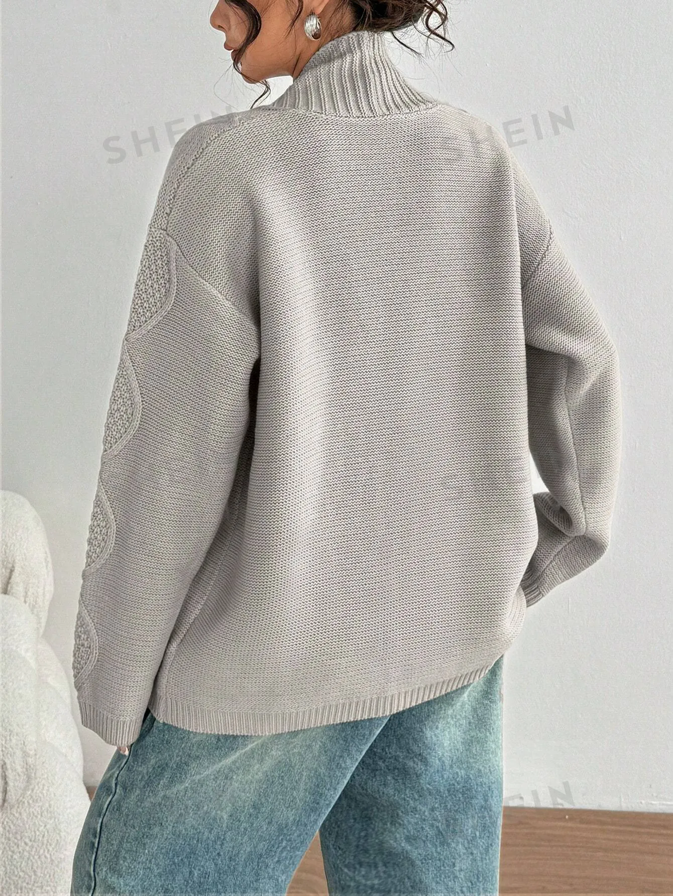 Sweetro Simple Casual Women's Grey Cable Knit Loose Long Sleeve Cardigan Sweater