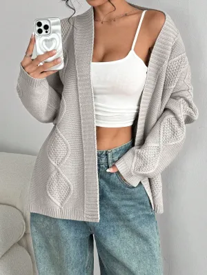 Sweetro Simple Casual Women's Grey Cable Knit Loose Long Sleeve Cardigan Sweater